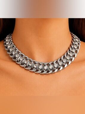 Wide Silver Tone Woven Cuban Chain Rhinestone Choker Statement Necklace